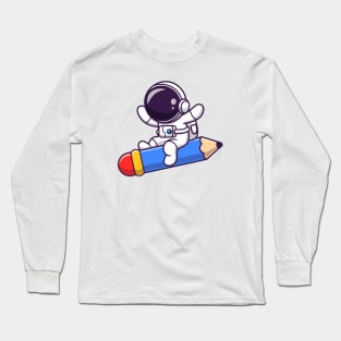 Cute Astronaut Flying With Pencil Rocket Long Sleeve T-Shirt